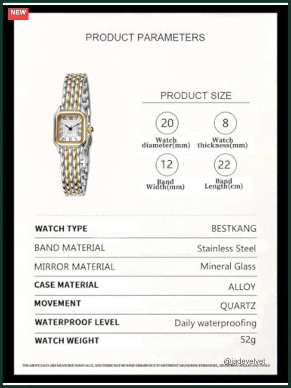 Vintage Square Luxury Watch Women Quartz Roman Numerals Two-Tone Stainless Steel